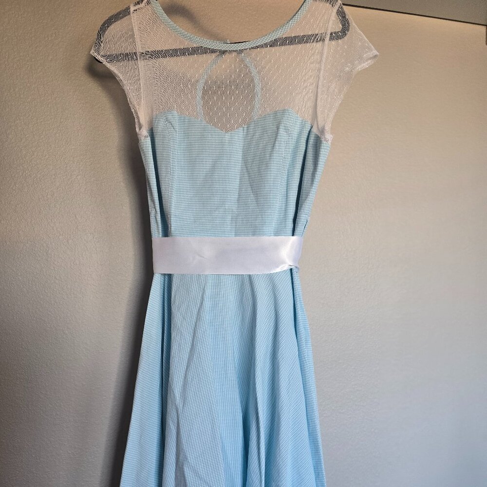 Hell Bunny Vixen Dress Sz L White Light Blue Gingham Fit & Flare Mesh Cotton